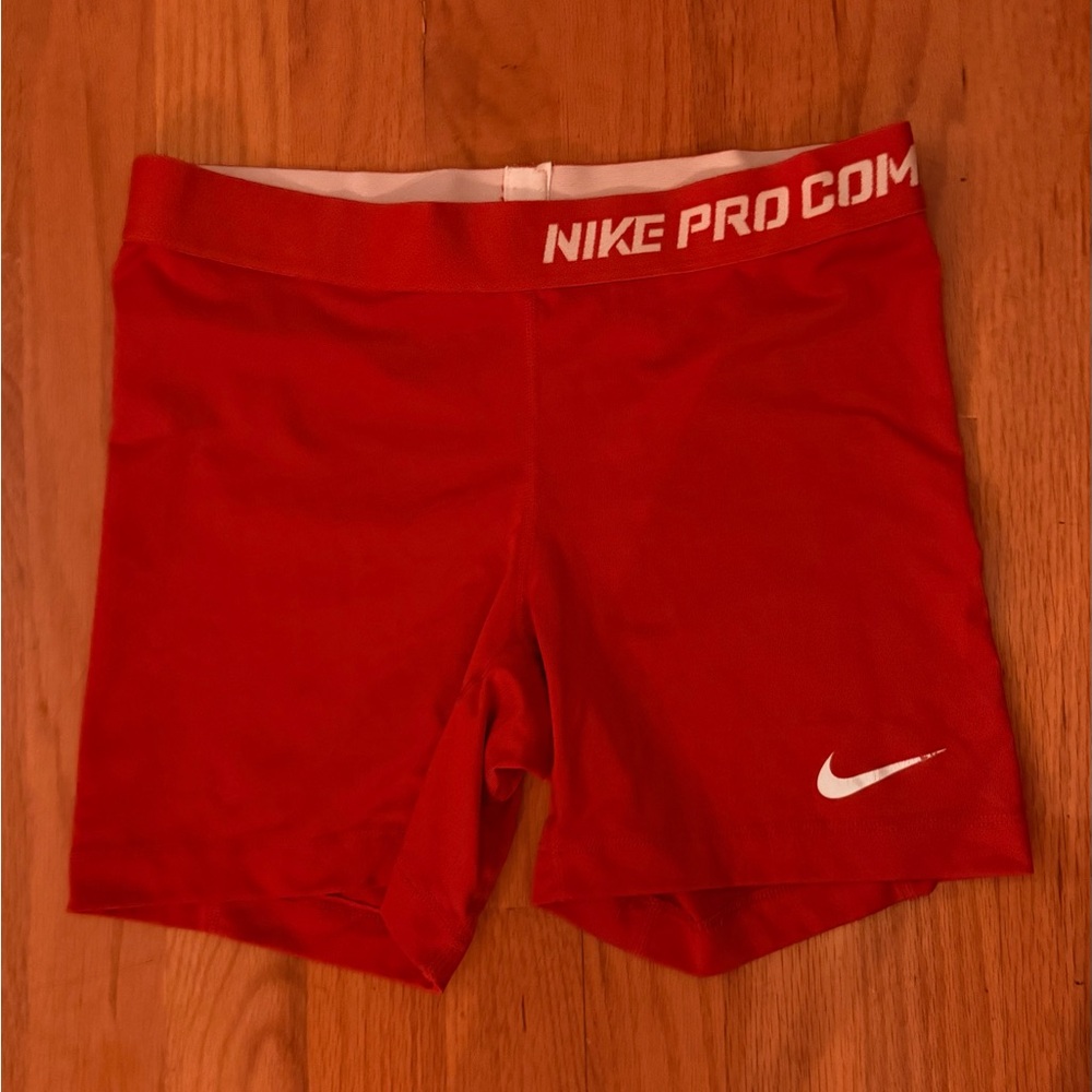Nike Red Pro Combat Compression Shorts with White Logo